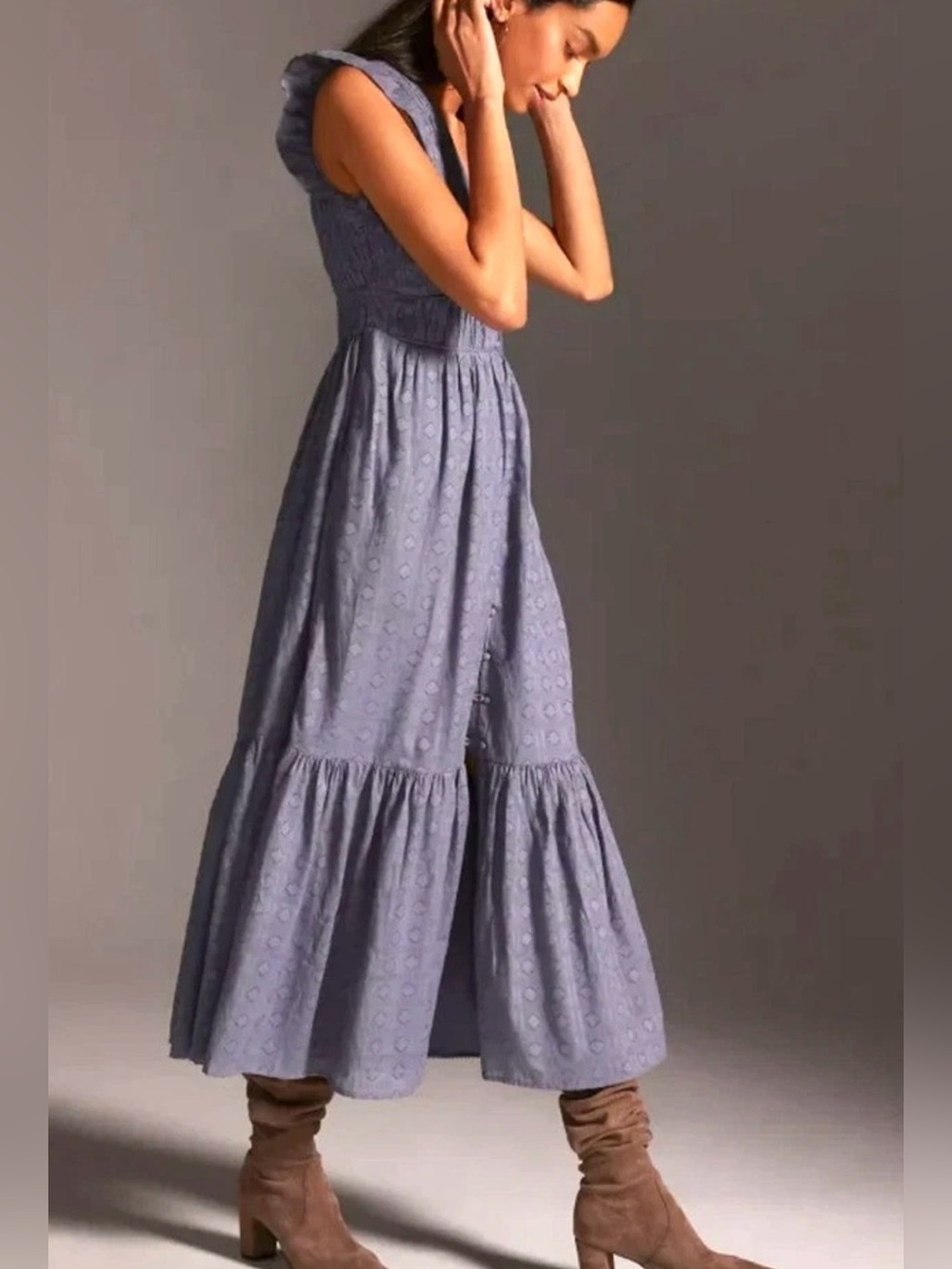 Anthropologie The Peregrine Smocked Midi Dress | Steel Blue | Size L - Picture 2 of 4